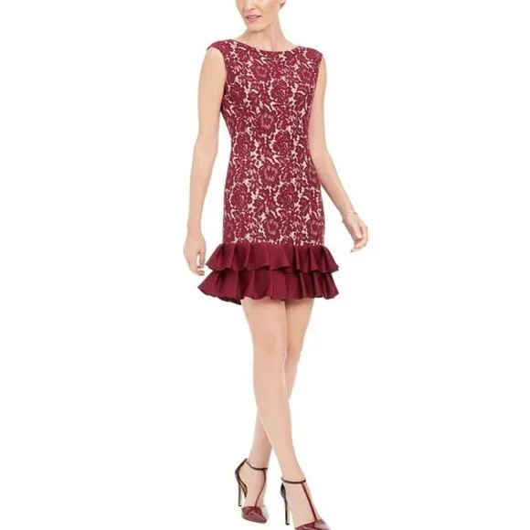 Donna Ricco Womens Ruffle-Hem Lace Sheath Dress (6, Wine/Nude)